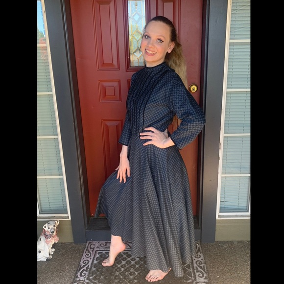 1950s L’AIGLON Dress Blue Mid Century Classic Dress Cotton Fit and Flare Large - Picture 2 of 9